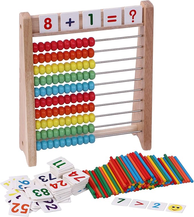 Wooden Abacus for Kids Math with 100 Counting Sticks and Number Toys Cards 1-100 and 2 in 1 Multiplication Addition Math Board Game for Kids - Wooden Montessori Math Toys for Girls Boys