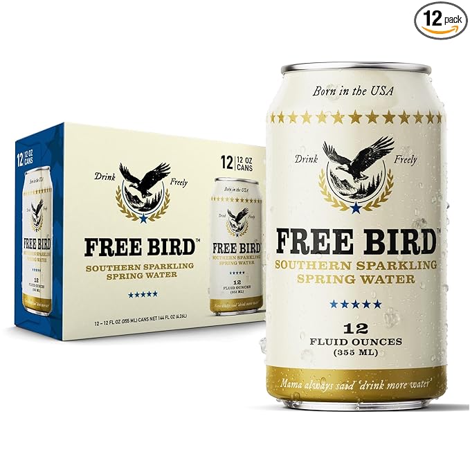 Free Bird Southern Sparkling Spring Water - 12 Pack, 12oz Cans, Zero Calories, Unflavored Carbonated, Crisp & Bubbly, Blue Ridge Mountain, Shelf-Stable Sparkling Drink