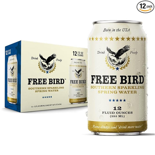 Free Bird Southern Sparkling Spring Water - 12 Pack, 12oz Cans, Zero Calories, Unflavored Carbonated, Crisp & Bubbly, Blue Ridge Mountain, Shelf-Stable Sparkling Drink
