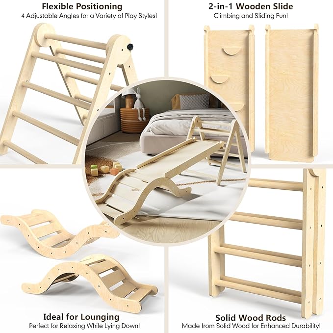 Pikler Triangle Set 7in1 Toddler Climbing Toys Indoor Foldable Baby Climbing Toys Wooden Montessori Climbing Set with Arch, Ramp, Ladder for 1-3 Years, Jungle Gym for Kids (Natural)