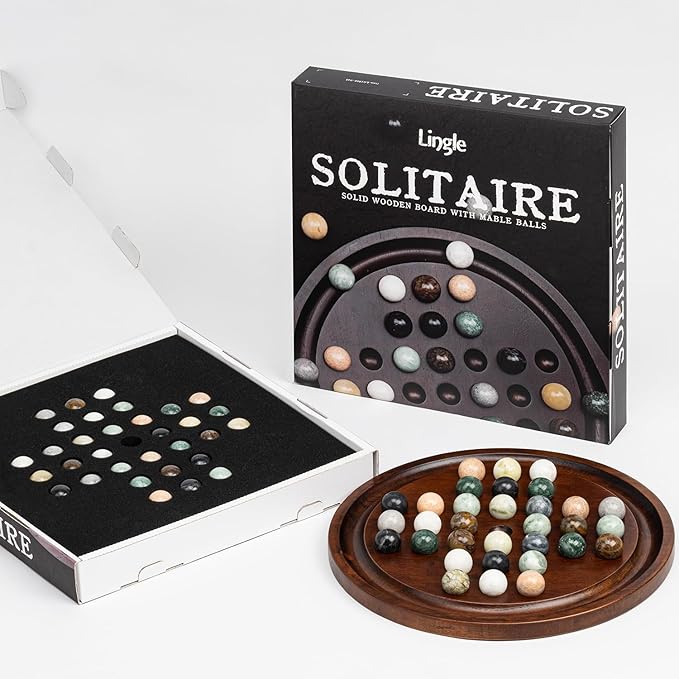 Deluxe Solitaire Game Set: 12.6'' Solid Wooden Board, 32 Natural Marble Balls, Single-Player Strategy and Smart Games