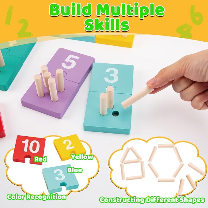 TEUVO Counting Pegs Board Montessori Toys for Kids Aged 3 4 5 6 Years Old, Wooden Early Math and Number Digital Plunger Manipulatives Materials Game for Toddlers Home Kindergarten Daycare Classroom