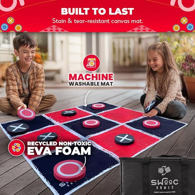 Swooc Games® - 2-in-1 Vintage Giant Checkers & Tic Tac Toe Game W/Mat (3ft x 3ft) - 100% Machine-Washable Canvas - Giant Outdoor Games for Kids - Yard Game for Kids - Jumbo Lawn Set - Large Checkers