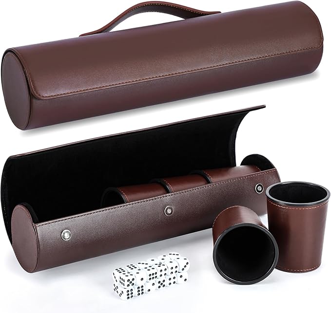 2 Set Leather Dice Cup Set, 10x Dice Cups + 50 Dice + Exclusive Storage and Transport Case Made of Faux (2 Pack Brown)