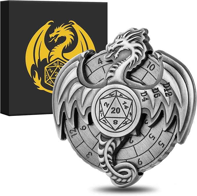 Spinner DND Dice Set, 7-in-1 Dragon Metallic D&D Dice, Dragon Roulette Dice Spinner for DND Dice Set, D&D Gifts with Gift Box, Role Playing Game Board Game Accessories, Silver