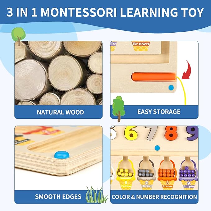3-in-1 Magnetic Color and Number Maze, Montessori Toy for Kids 3+ Year Old, Shape & Number Wooden Puzzle Board, Toddler Fine Motor Skills Preschool Educational Toys, Gifts for Boys Girls