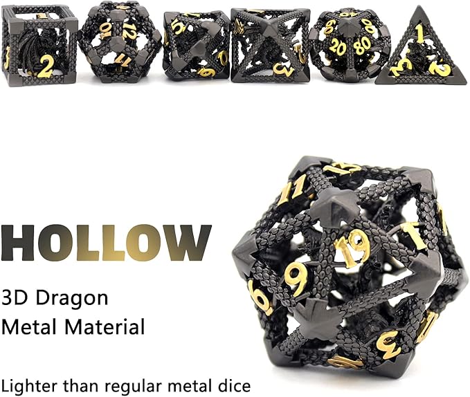 D&D Dice, HNCCESG Metal Dice Set Polyhedral Hollow Role Playing D and D Starter Dice for RPG MTG Table Board Games (3D Black)
