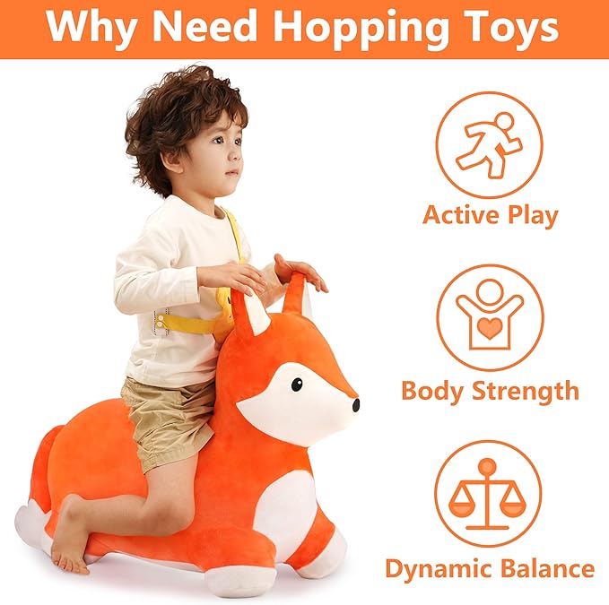 iPlay, iLearn Bouncy Pals Fox Hopping Horse, Plush Inflatable Animal Hopper, Indoor n Outdoor Ride on Jumping Bounce Toys, Birthday Gift for 18 Months 2 3 4 5 Year Old Kids Toddlers Boys Girls
