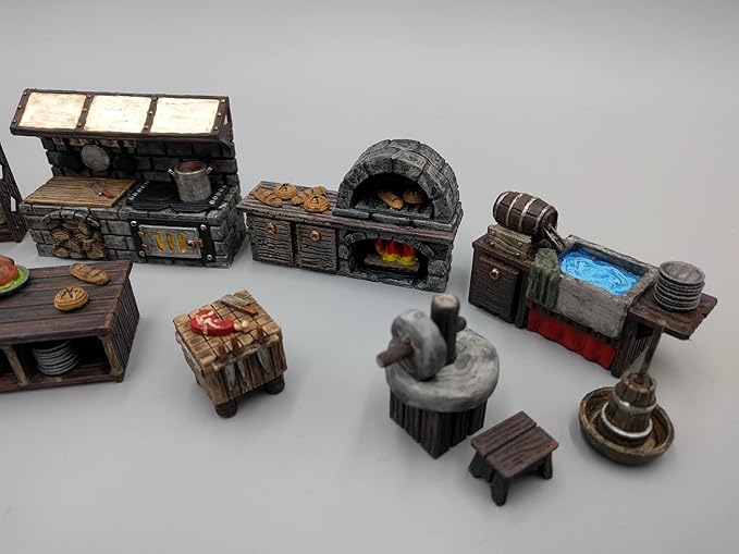 Inn and Tavern Kitchen Furniture Set DND Terrain 28mm for Dungeons and Dragons, D&D, Pathfinder, Warhammer 40k, RPG, Miniatures, Age of Sigmar, Tabletop, D and D, Dungeons and Dragons Gifts