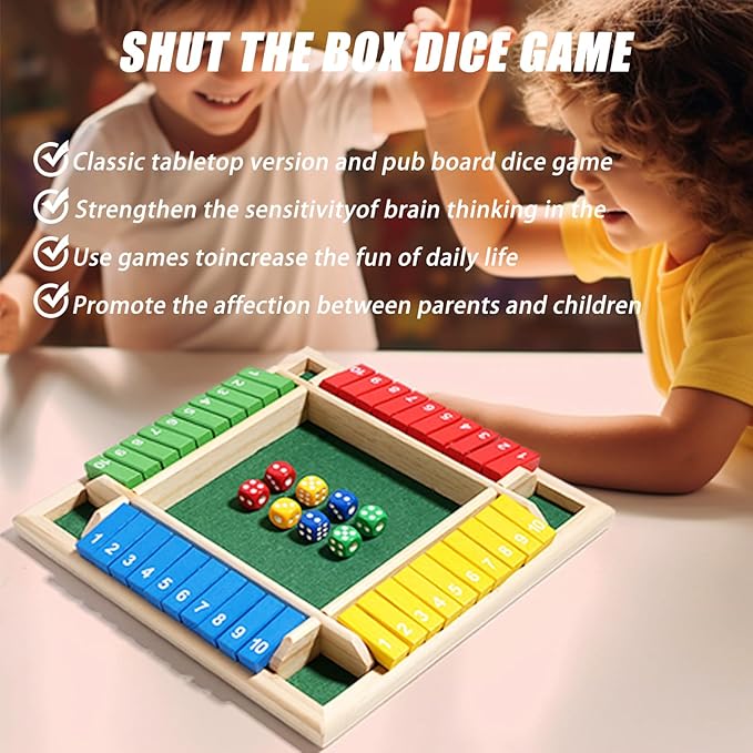 Winbar Shut The Box Dice Game, 2-4 Player Wooden Board Game with 8 dice Suitable for Gatherings classrooms Bars Math Games and Classic Tabletop Games with 8 dice