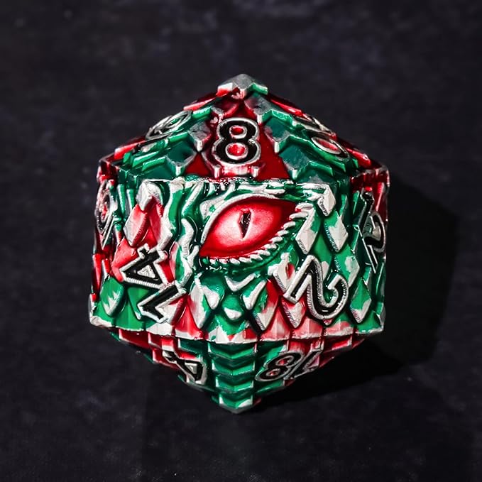 Metal Dice Set D&D,7 PCS Dragon Scale Metallic DND Dice Set,Dragon Eye Metal Dice with Gift Metal Box for Dungeons and Dragon Tabletop Game (Red Green Dragon Scale & Red Eye)