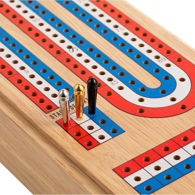 Cribbage Board Game Set with Large Storage Area, Solid Wood 3 Track Cribbage Board, 9 Metal Pegs, 2 Playing Cards and Instruction. Portable Travel Board Game for All Ages.