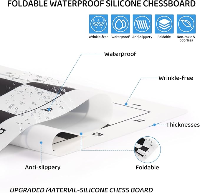 Travel Chess Set 20'' Silicone Chess Board-3.75'' King Height Plastic Chess Piece, Extra Queens & Storage Bag, 2 in 1 Portable Chess & Checker Board Games for Kids and Adults