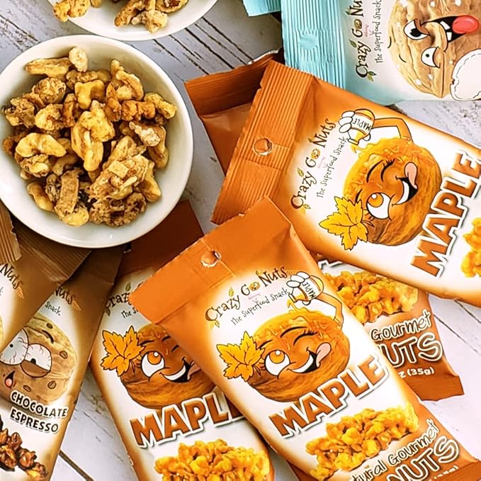 Crazy Go Nuts Walnuts Maple - Glazed Walnuts, Healthy Snacks, Vegan, Low Carb, Gluten Free, Superfood - Natural, Non-GMO, ALA, Omega 3 Fatty Acids, Good Fats, and Antioxidants - 1.25 Oz, 6-Pack