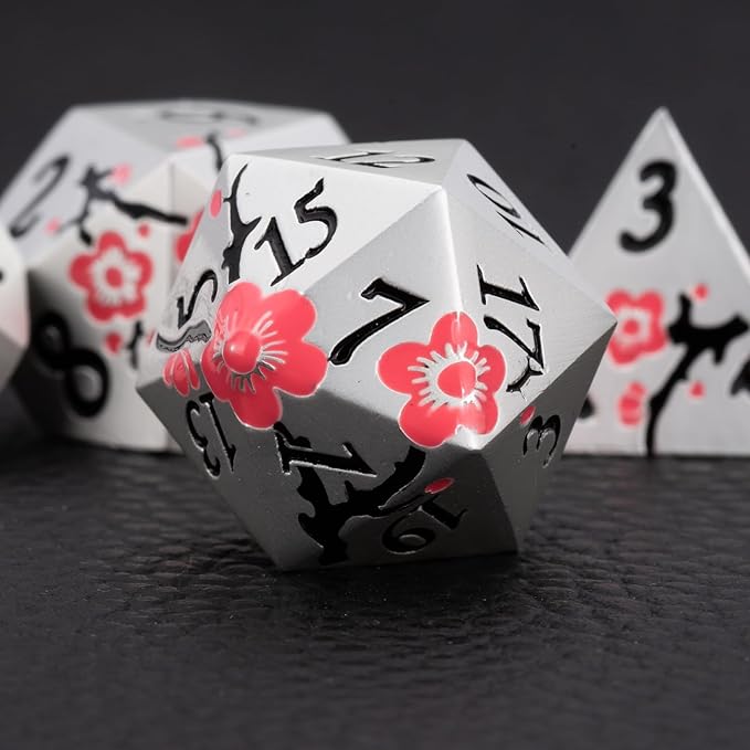 D&D Metal Dice, 7 PCS Flower DND Metal Solid Dice Set with Gift Case for Dungeons and Dragon Tabletop Game (Silver-Pink)