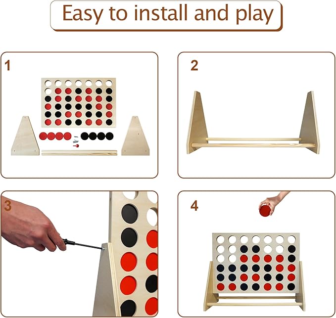 GOTHINK Giant Wooden Four in a Row 1.9Ft Board Games for Family Night Toy Gifts - 4 in a Row Game Set with 42 Coins for Kids & Adults Birthday Party Games & Holiday Indoor/Ourdoor Activity