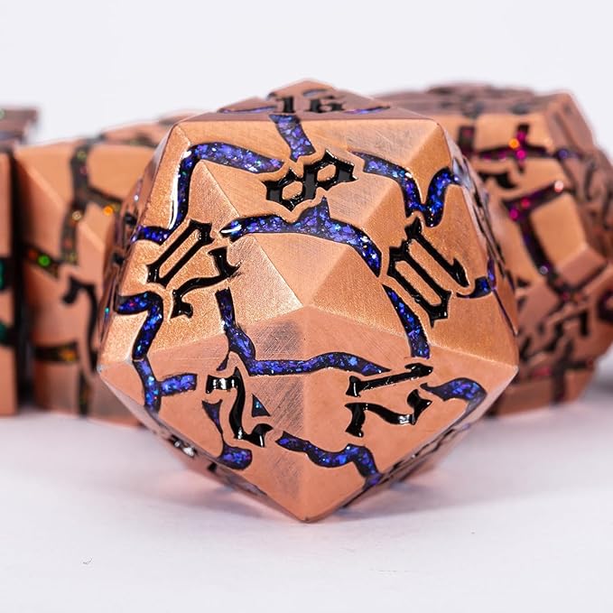 DND Metal Dice Set,7PCS Crack Glitter Metallic Dice with Gift Box,Polyehdral Dice Set for Dungeons and Dragons (Antique Red Copper 7 Colors)