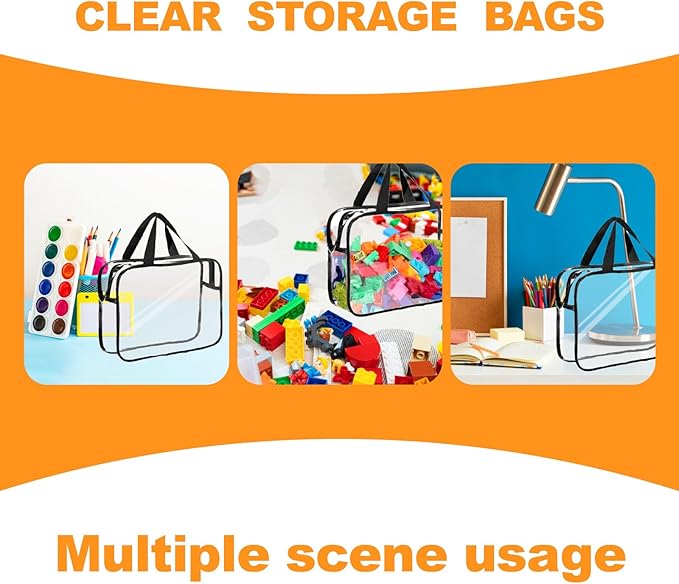 Clear Storage Bag with Zipper - Organizing Bags for Home Travel with Handles - for Building Blocks, Puzzle, Book, Board Game(Black, 6 Packs)