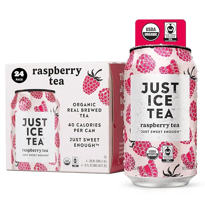 Just Ice Tea, Raspberry Flavored Black Iced Tea, 24-Pack (12oz Cans), USDA Certified Organic, Low Calorie, No Artificial Sweeteners, Fair Trade, Made in USA.