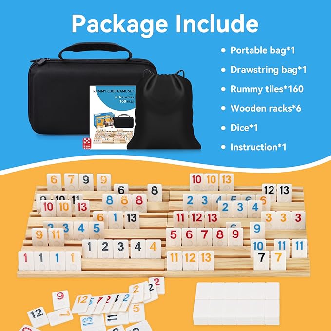 Rummy Cube 6 Player Edition with 6 Wooden Racks 160 Tiles Rummy Cube Game with Case 6 Players Travel Size Rummy Game Large Number Rummy Tiles Travel Game Set for Family Classic Board Games