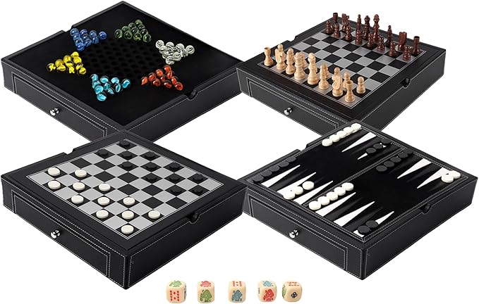 GSE Games & Sports Expert 12.5" Premium Leather 5-in-1 Chess, Checkers, Backgammon, Chinese Checkers, and Poker Dice Board Game Combo Set for Kids & Adults