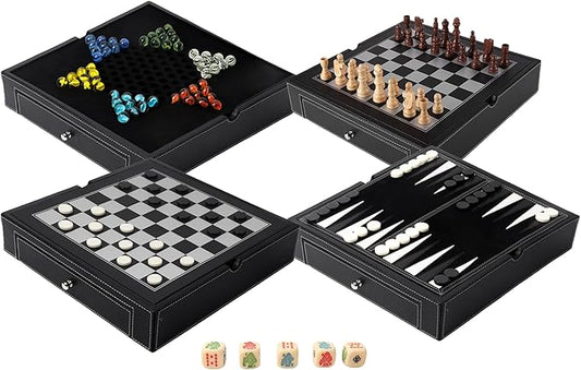 GSE Games & Sports Expert 12.5" Premium Leather 5-in-1 Chess, Checkers, Backgammon, Chinese Checkers, and Poker Dice Board Game Combo Set for Kids & Adults