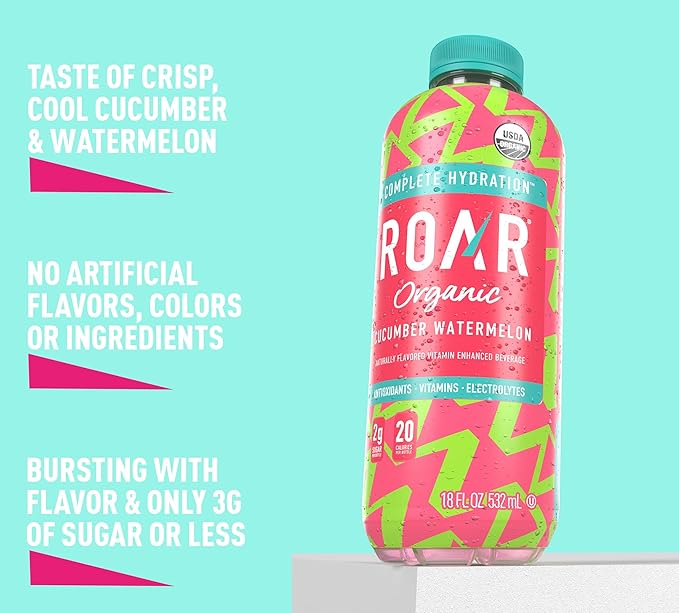 Roar Organic Electrolyte Infusions - USDA Organic - Cucumber Watermelon - with Antioxidants, B Vitamins, Low-Calorie, Low-Sugar, Low-Carb, Coconut Water Infused Beverage 18 Fl Oz (Pack of 12)