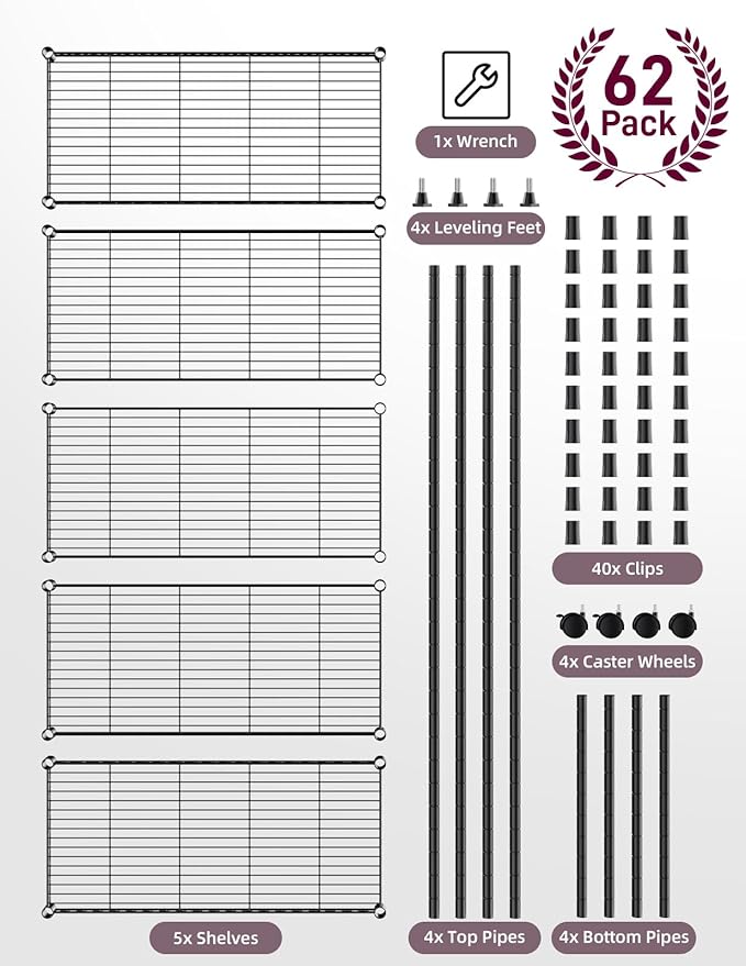 YSSOA Heavy Duty 5-Shelf Storage Shelving Unit, 1250lbs Loading Capacity, 29.92" D x 13.98" W x 62.99" H Adjustable Steel Organizer Wire Rack, Black