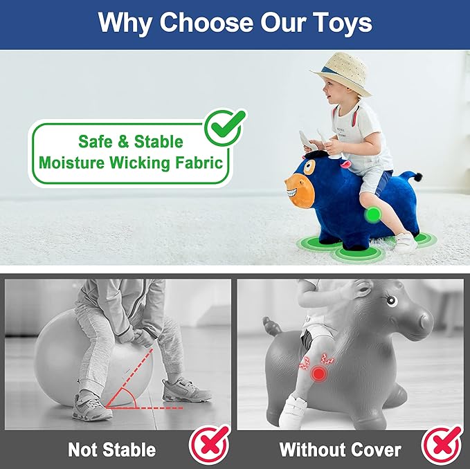 iPlay, iLearn Bouncy Pals Bull Hopping Horse, Plush Inflatable Animal Hopper, Indoor n Outdoor Ride on Jumping Bounce Toys, Birthday Gift for 18 Months 2 3 4 5 Year Old Kids Toddlers Boys Girls