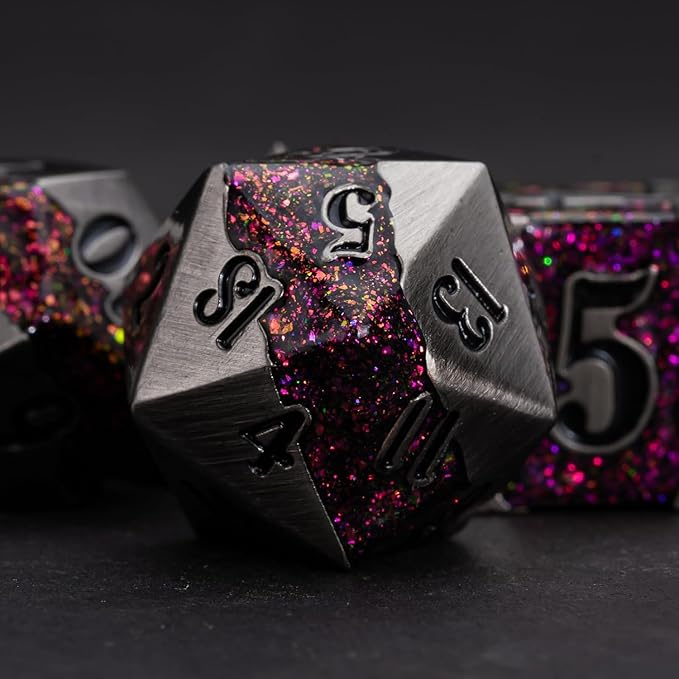 Metal DND Polyhedral Dice,Large Stripe Glitter Metallic Dice Set,Antique Silver Dice 7pcs Set for Role Playing Games(Antique Nickel Rose Red)