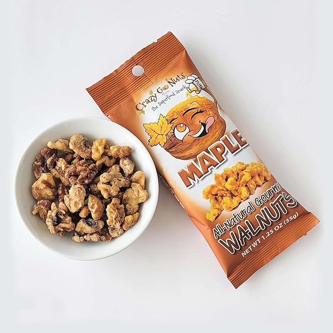 Crazy Go Nuts Maple Walnuts - Glazed Walnuts for Snacking, Candied Walnut Pieces Bulk, Individual Packs, Natural Source of Omega 3 ALA, Gluten Free, Premium Healthy Snack - 1.25 oz Bags (12 Pack)