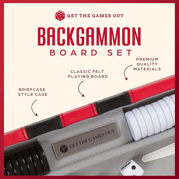 Get The Games Out Top Backgammon Set - Small Travel Size Classic Board Game Case - Best Strategy & Tip Guide (Red, Small)