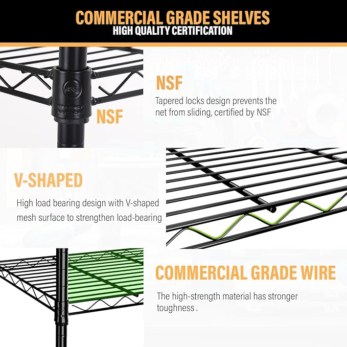 5-Tier Shelves Height Adjustable Storage Shelves Shelving Unit 11”Dx21”Wx48”H Wire Shelving NSF Certified Storage Shelf with Leveling Feet for Home Kitchen Garage, Black
