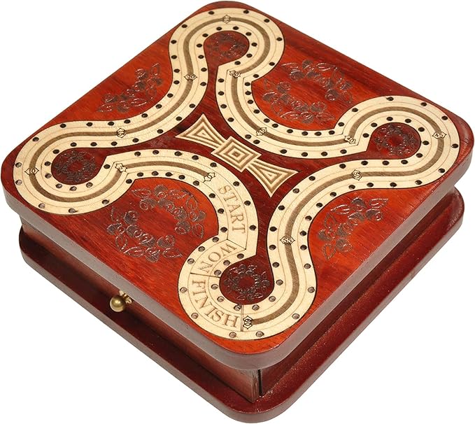 PALM ROYAL HANDICRAFTS 2 Track Wooden Cribbage Board- Two Player Cribbage (60 House) - Alphabet X Track Cribbage Board-2 Decks of Cards and pegs Available (5.5 x 5.5 Inches Small).