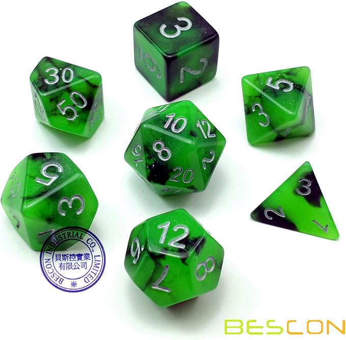 Bescon Two-Tone Glow-in-The-Dark Polyhedral Dice Set Spooky Rocks, Luminous RPG Dice Set d4 d6 d8 d10 d12 d20 d% Brick Box Pack