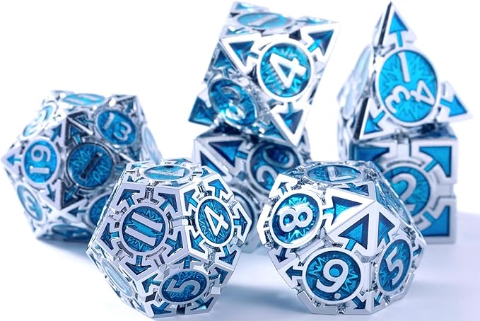 Rare Chrome-Plated DND Dice Set, Metal D&D Dice Sets Made of Durable Zinc Alloy，Dungeons and Dragons Dice with Gift Box, D and D Dice Set (Blue)