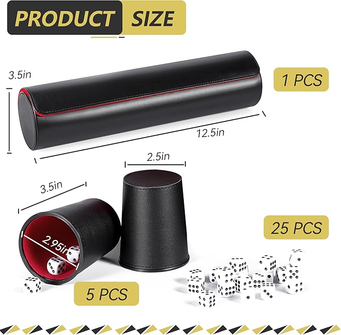 Party Games Leather Dice Cup Set, 5 Dice Cups+25 Dice+1 Folding Tray Exclusive Storage and Transport Case Made of Faux