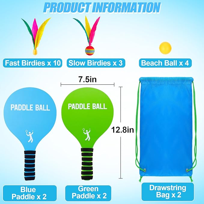 Beach Paddle Ball Set - Funny Paddleball Rackets Game, Outdoor Sports Toys for Kids Adults Family Games Beach Yard Lawn Party Supplies(4 Paddles, 13 Birdies, 4 Balls, 2 Drawstring Bags)