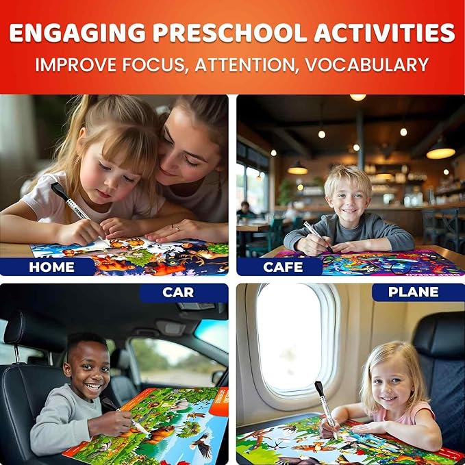 QUOKKA Busy Book Handwriting Practice for Kids - Search & Find - Activity Cards for Kids 3-8 – Reusable Mats with Dry-Erase Marker, Explore 20 Topics, Road Trip Activities, and Travel Games