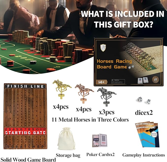Horse Race Board Game with 11 Luxurious Durable Classic Metal Horses with 4 Dice and 2 Boxes of CardsThickened Solid Wood Horse Racing Dice Game (Rustic Brown)