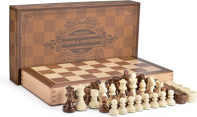 AMEROUS 15 Inches Wooden Chess & Checkers Set with Upgraded Weighted Chess Pieces - 2 Extra Queen -24 Cherkers Pieces -Instruction -Chessmen Storage Slots, Classic 2 in 1 Board Games