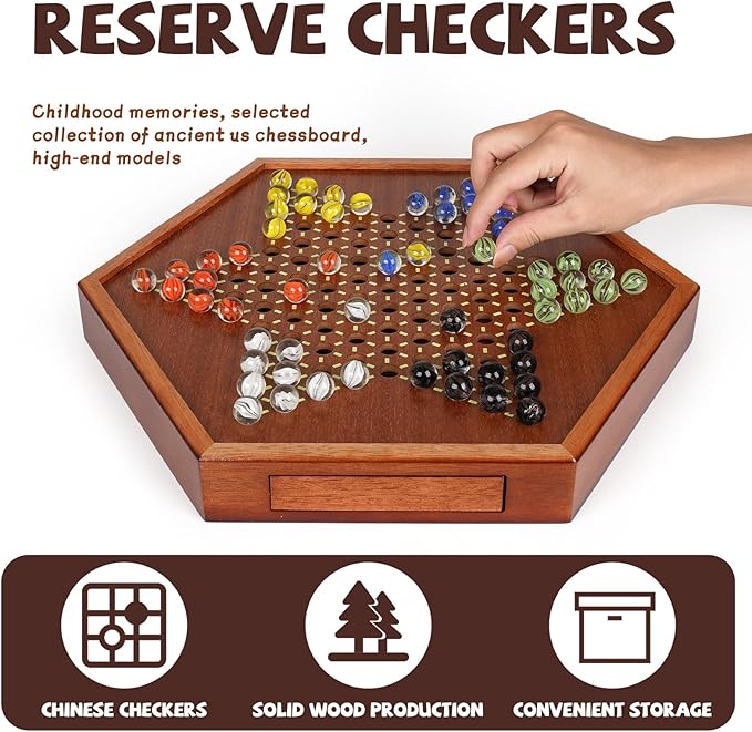 Luxurious Large 15-Inch Chinese Checkers Set - Premium Wooden Board Game for Adults and Kids with 72 Vibrant Glass Marbles, Dual-Sided Storage Drawer - Perfect for Family Strategic Game Fun Collectors