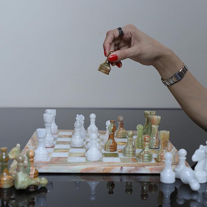 Handmade Marble Chess Set - Green Onyx & White (12 x 12 Inches) - Chess Sets for Adults - Premium Quality Chess Boards - Fancy Chess Boards