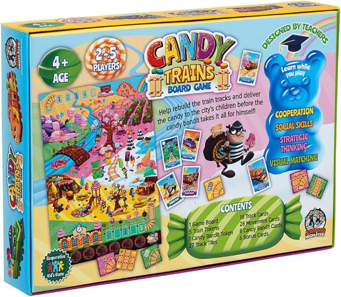 Jumping High Fives Candy Trains Board Game - A Sweet Sugar Coated Cooperative Train Game for Kids Ages 4 and Up - Children Learn New Skills with Tasty Track Building, Perfect for Family Play Time