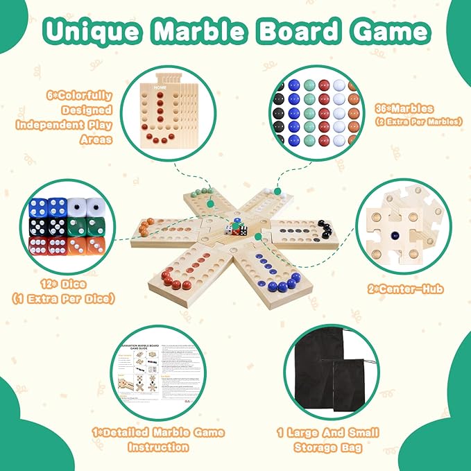 JEVERGN Marble Board Game Set, Portable Fast Track Game, Wooden Board Games for 2-6 Players, with 36 Marbles and 12 Dice (6 Colors) for Family Friends, Party Game Night