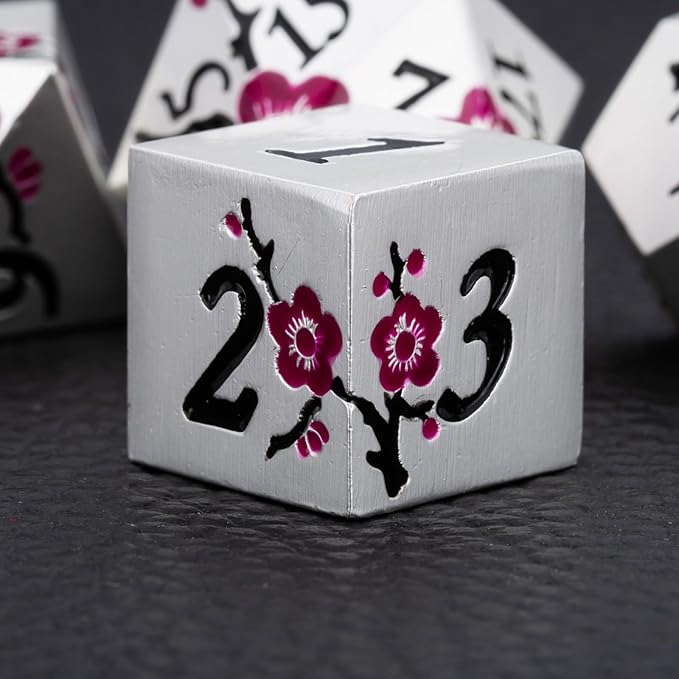 DND Metal Dice Set,7pcs Set Flower Metallic Dice Set with Box,RPG Polyhedral Dice for Table Game (Silver-Purple)