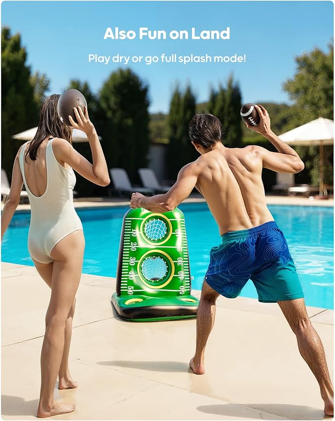 QPAU Inflatable Football Toss Game for Pool – Water Football Target with 4 Balls & 2 Pumps, Dual Net Design, Stable Base, Summer Pool Game for Kids & Adults