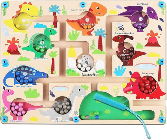 Mom&myaboys Toddler Montessori Wooden Puzzle Activity Board for 3-6 Year Old - Fine Motor Skills Maze Toys, Number and Color Maze Board - Dinosaur Gifts