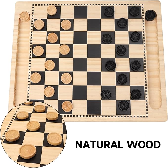GSE Games & Sports Expert 2-in-1 Reversible Natural Wood Checkers and Tic-Tac-Toe Board Combo Set with Game Pieces, Family Game for Kids & Adults