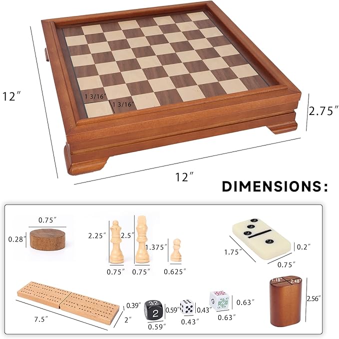 GSE Games & Sports Expert Wooden 7-in-1 Chess, Checkers, Backgammon, Dominoes, Cribbage Board, Playing Card & Poker Dice Game Combo Set (Deluxe)